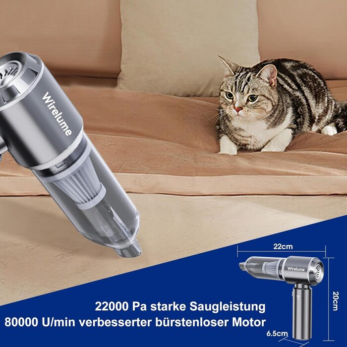 Акумуляторний ручний автомобільний пилосос 4 в 1, потужність 22000 Па, циклонна система, 3 режими всмоктування, портативний бездротовий пилосос для авто та шерсті тварин (Темно-сірий)