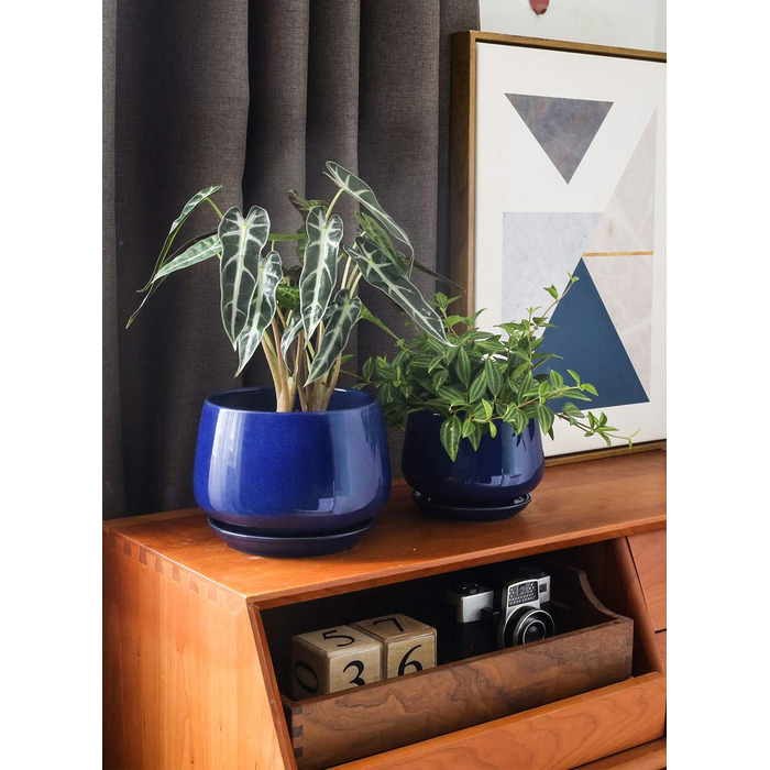 Керамічні горщики LE TAUCI з підставкою, 10+13+16 см, набір з 3 горщиків для кімнатних рослин, з дренажним отвором, колір Сафіровий Блакитний