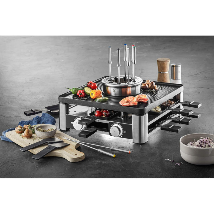 Станція WMF Lumero 3в1 Gourmet: Ракле-Фондю, електрична, для 8 осіб, регулювання температури, LED-підсвітка, 1800 Вт, нержавіюча сталь матова
