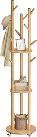 Вішалка для одягу VASAGLE з 11 гачками та 3 полицями, на коліщатках, з масиву дерева, для передпокою, спальні, вітальні, RCR023B01 (натуральний колір)