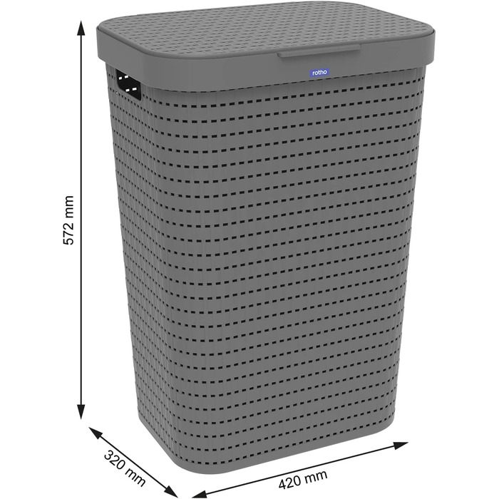 Колектор для білизни Rotho Country 55L з кришкою з ротанга, пластик (поліпропілен), що не містить бісфенолу А, антрацит, 55L (42,0 x 32,2 x 57,7 см)