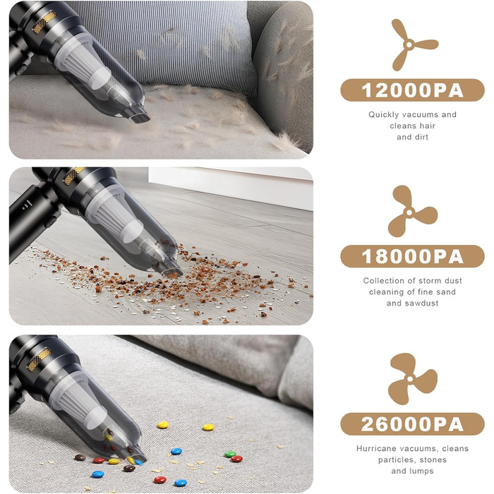 Акумуляторний ручний пилосос KITBEZN 4-в-1 для авто та дому, бездротовий міні-пилосос з безщітковим двигуном, потужність 26000Па, 3 режими роботи, чорний