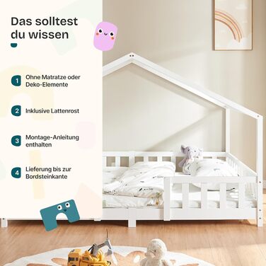 Дитяче ліжко Treviolo від en.casa: ліжко-хала з захистом від падіння, монтайсорі, з ламелями, з сосни, біле