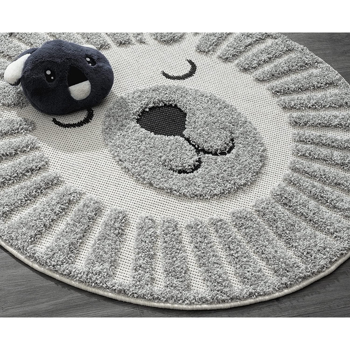 М'який затишний дитячий килим the carpet Lou, М'який затишний ворс, легкий у догляді, стійкий до фарбування, відкритий, 3D-вид, мотив Лева, круглий 160 см (круглий 160 х 160 см, сірий)