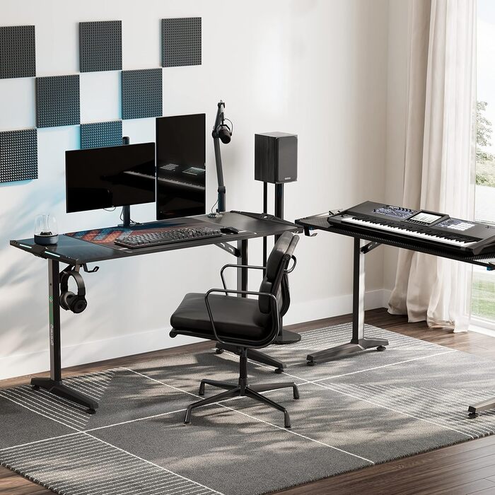 Ігровий стіл EUREKA ERGONOMIC з LED, 140x60 см. Стіл для геймерів з підсвіткою, органайзером для кабелів, тримачем для напоїв та навушників, чорний, X-Large