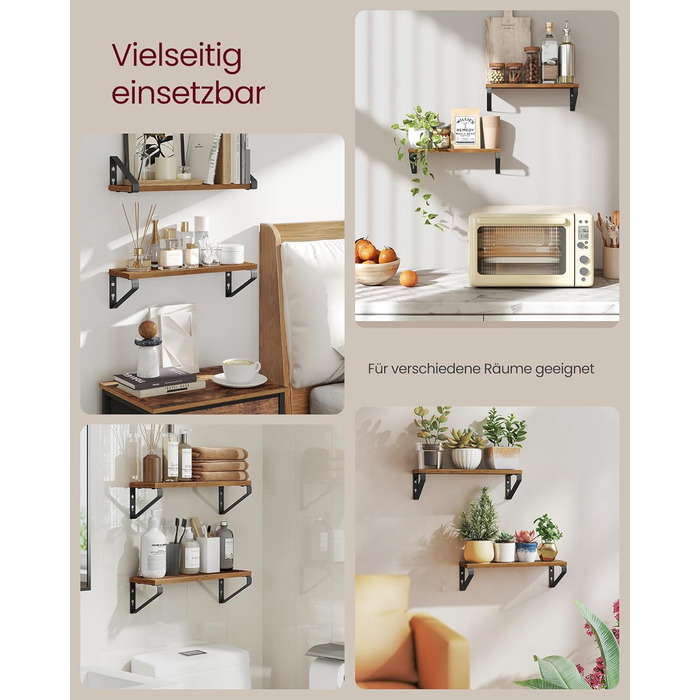 Настінна полиця VASAGLE, 6 шт. у наборі, полиці для стін, 30/35/40 см, для вітальні, кухні, кабінету, ванної кімнати, вінтажний коричневий + матовий чорний, LWS033K02