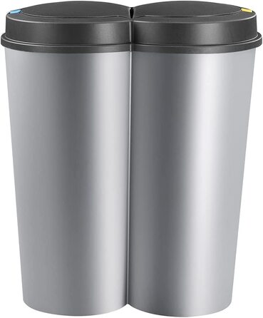 Сміттєва корзина Deuba об'ємом 50 л, подвійна система поділу на 2 відсіки, 2x25l, автоматична кухонна сміттєва корзина з кнопками, срібляста сміттєва корзина