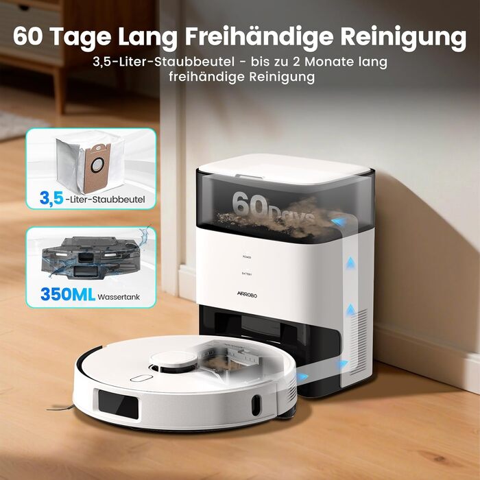Робот-пилосос AIRROBO T30+ з функцією миття, 6000Pa, LiDAR-навігація, 240 хв роботи, App-керування, білий малюнок