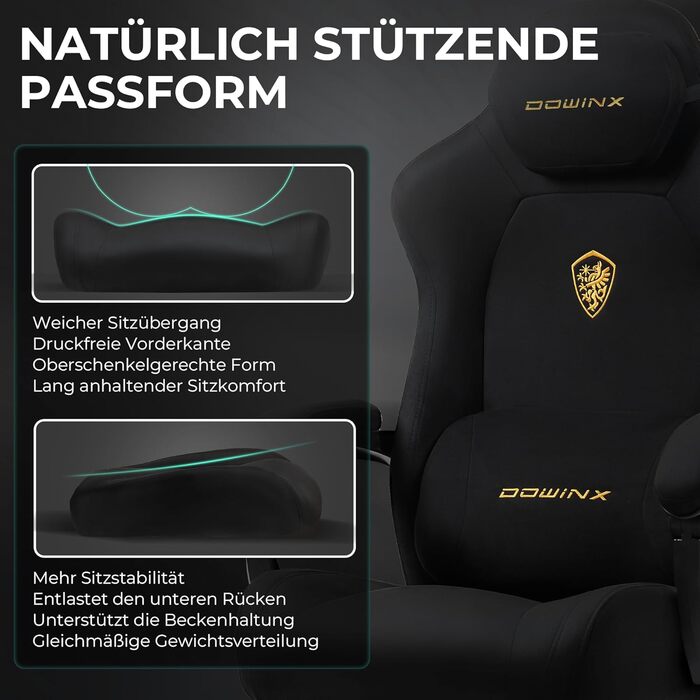 Ігровий крісло Dowinx з масажною поперековою подушкою, регульованою підголівником, потовщеним сидінням, висувною підніжкою, регульованими підлокітниками, мікрофібровим велюром, нахилом 160°, чорне