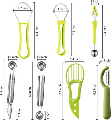 Набір для нарізки фруктових ложок з 5 предметів, Ножі для нарізки дині з нержавіючої сталі 4 в 1 і двостороння формочка для печива з дині, корж з авокадо