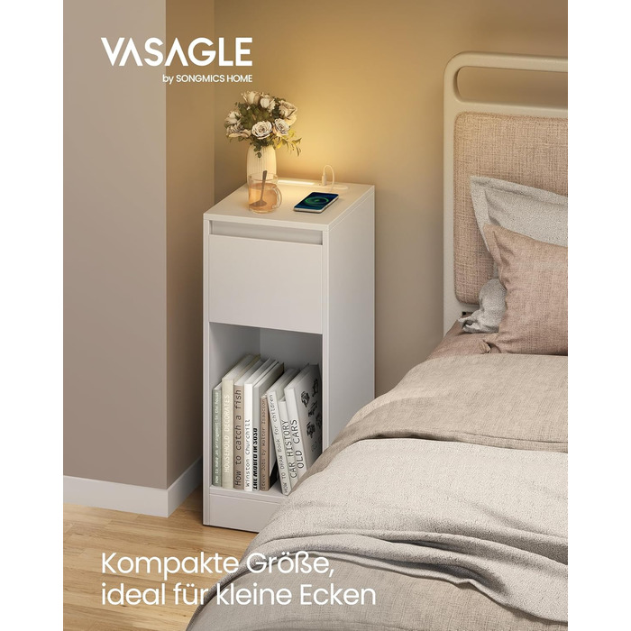 Приліжкова тумбочка VASAGLE з LED-підсвічуванням, USB-A та USB-C, з шухлядою та відкритим відсіком, для спальні/вітальні, білий колір LET610W01