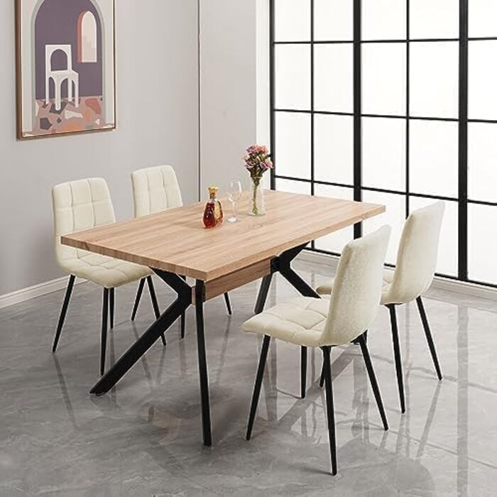 Набір з 4-х оббитих стільців для їдальні з металевими ніжками, льонова тканина, шаховий візерунок, для вітальні, спальні, кухні, лоджії, рецепції, бежевий колір