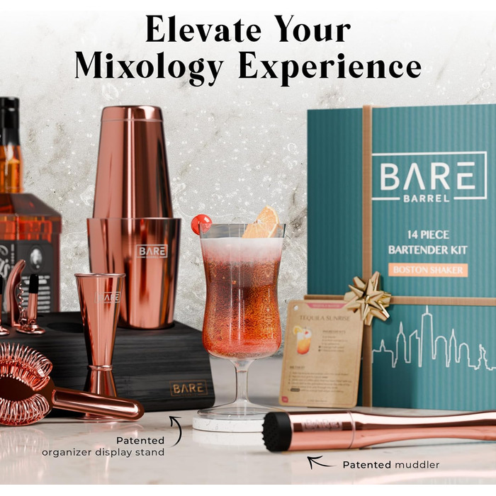 Набір для бармена Pro Mixology: 14 предметів, Boston Shaker 0.8L, бамбуковий підставник, рецепти коктейлів | Подарунок для дому