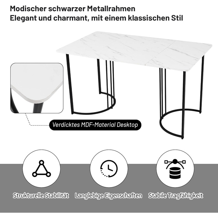 Обідній стіл Merax 140x80 см з імітацією мармуру, для 4-6 осіб, металевий каркас, регульовані ніжки, білий/чорний