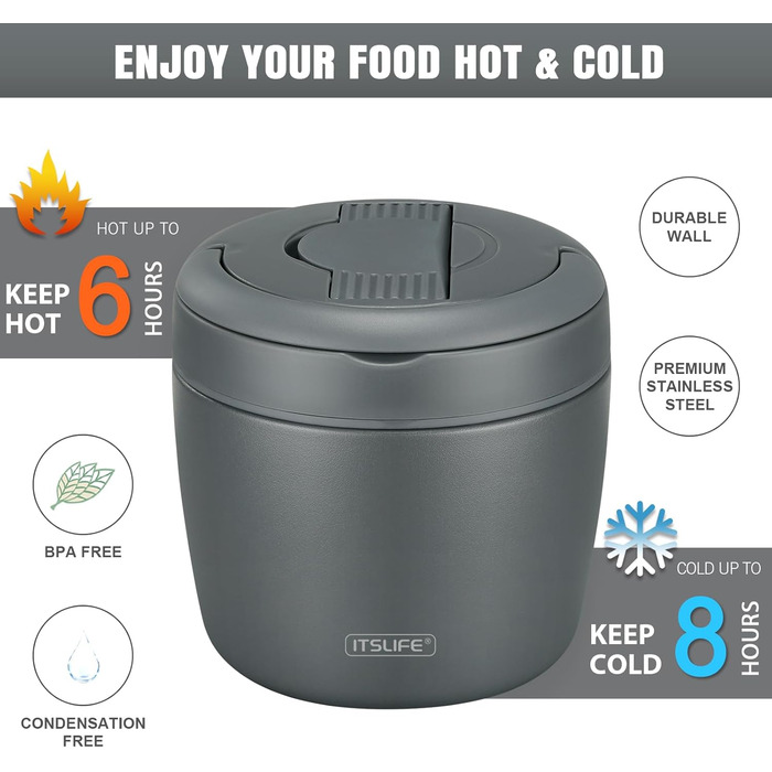 Термоконтейнер для їжі Itslife 970мл, термоконтейнер з кришкою, з нержавіючої сталі з ложкою, термотермос для їжі, ланчбокс для супів, дитячого харчування, каші (зелений, сірий)