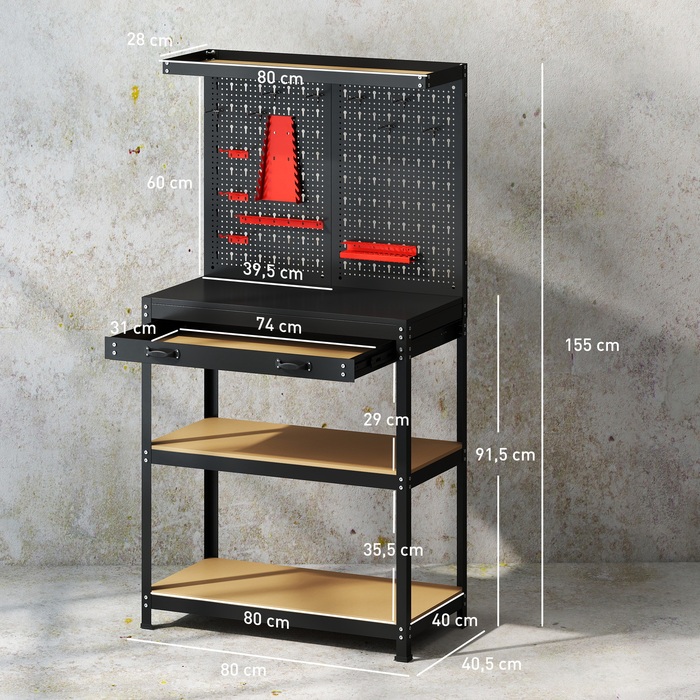 Робочий стіл 80 x 40,5 x 155 см: інструментальний стіл з перфорованим щитом, гачками, ящиком та 2 полицями для майстерні, чорний