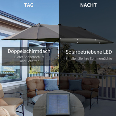 Парасолька Outsunny 440 x 260 см з LED підсвічуванням, подвійна парасолька з ручною рукояткою, овальна парасолька патіо з металу, темно-сірого кольору