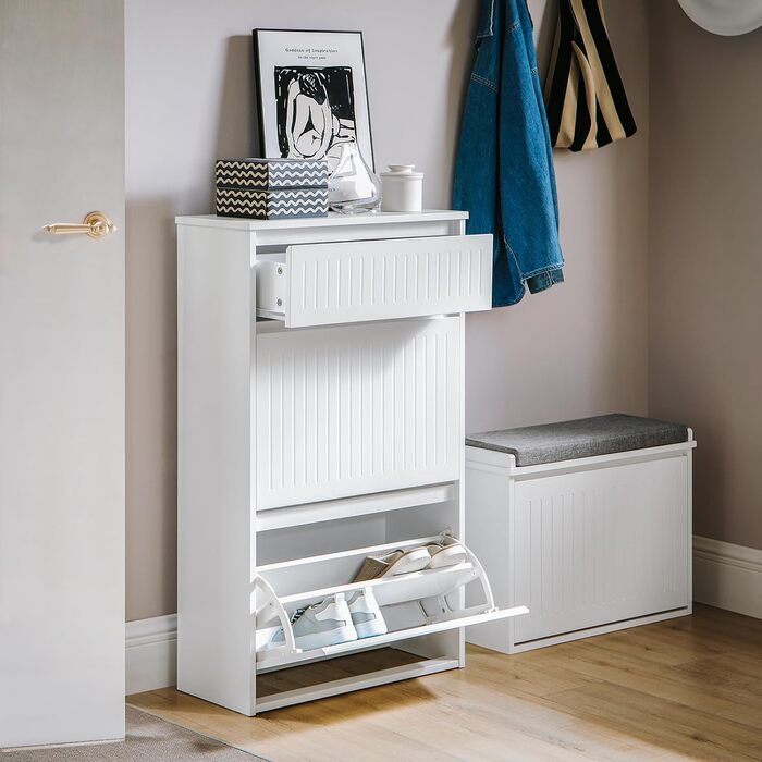 SoBuy Взуттєва шафа з 2 відкидними дверцятами, полицями та висувною шухлядою, біла, 61x100x26 см (FSR165-W)