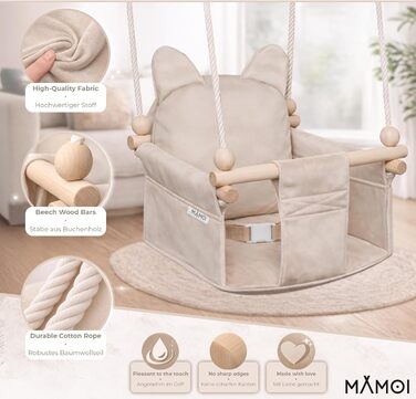 Дитяча гойдалка-колиска MAMOI з ременем безпеки, регульована висота 150-190 см, бежева. Гойдалка для дому, міцна конструкція, велюрове сидіння, легкий монтаж.