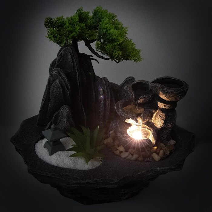 Lemodo Фонтан для дому LED 3-рівневий Настільний Фонтан Фен Шуй з підсвіткою, Водоспад, Оволожувач повітря, Декор для вітальні, спальні, офісу, 27x19x33 см (Савана)