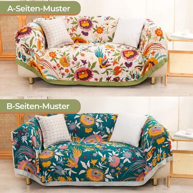 Плед Boho з 100% бавовни, стиль кантрі, 150x200 см, гранатовий колір. Плед на диван та ліжко з квітковим візерунком (квіти, птахи)