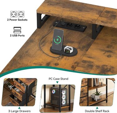 Стол YITAHOME L-подібний з USB-портом та розеткою, 140x100 см, 4 шухляди, полиця, для офісу, коричневий