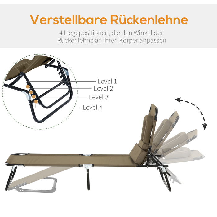 Розкладне крісло для відпочинку на сонце, ідеальне для саду, балкону та басейну. Зручне крісло-шезлонг з підголовником та спинкою, що регулюється в 4 положеннях. Підходить для кемпінгу та відпочинку на відкритому повітрі. Максимальне навантаження: до 120 