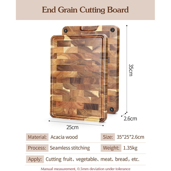 Дерев'яний обробний дошка XINZUO з акації (35x25x2.6 см) - обробна дошка для кухні з антиковзкими ніжками, ручкою та канавкою для соку, практичний аксесуар для кухні