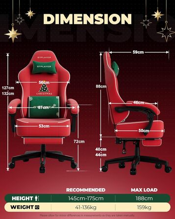 Ігровий крісло GTPLAYER з різдвяним мотивом, з підніжкою, широке сидіння, з подушкою для спини та синхронізованими підлокітниками для великих людей, велюр, червоний, на Різдво