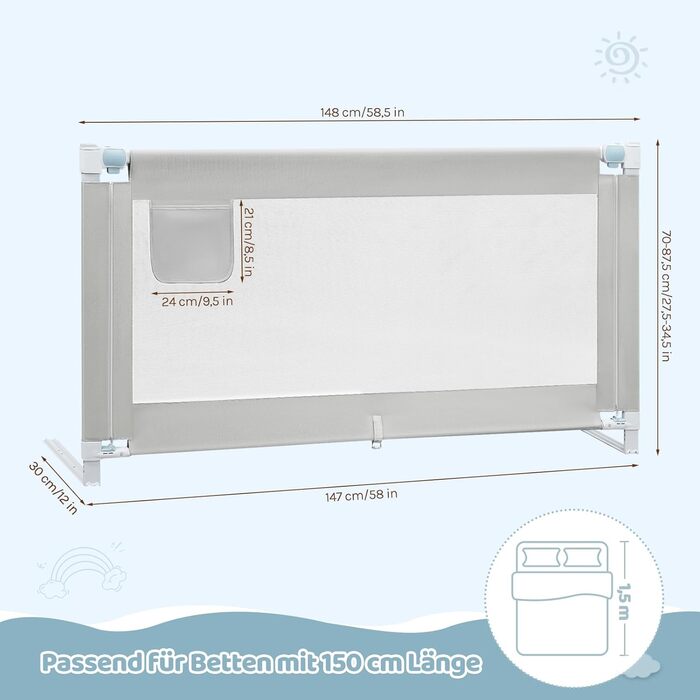 Бортик для ліжка WOLTU 150 см, захисний бортик для дітей та немовлят, регульована висота 69-87 см, тканина Оксфорд, металевий каркас, світло-сірий