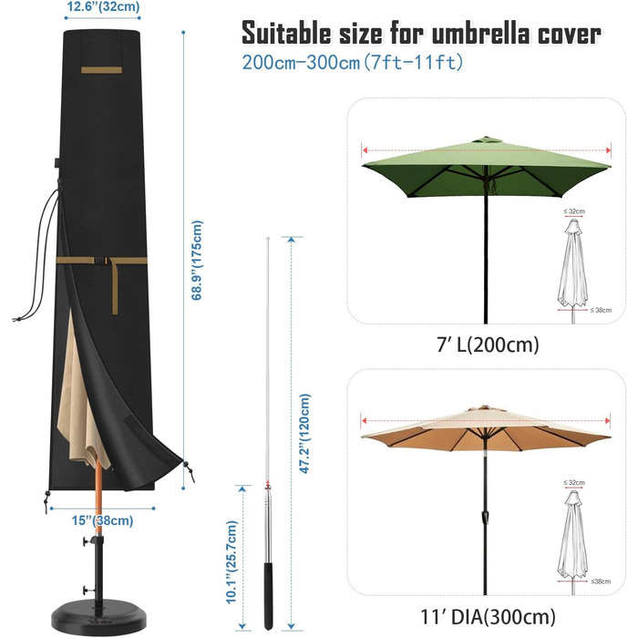 Захисний чохол для подвійного парасоля VANSHEIM Ø 400 см, водонепроникний, захист від УФ, для парасоля/ампельного парасоля, 460x270 см