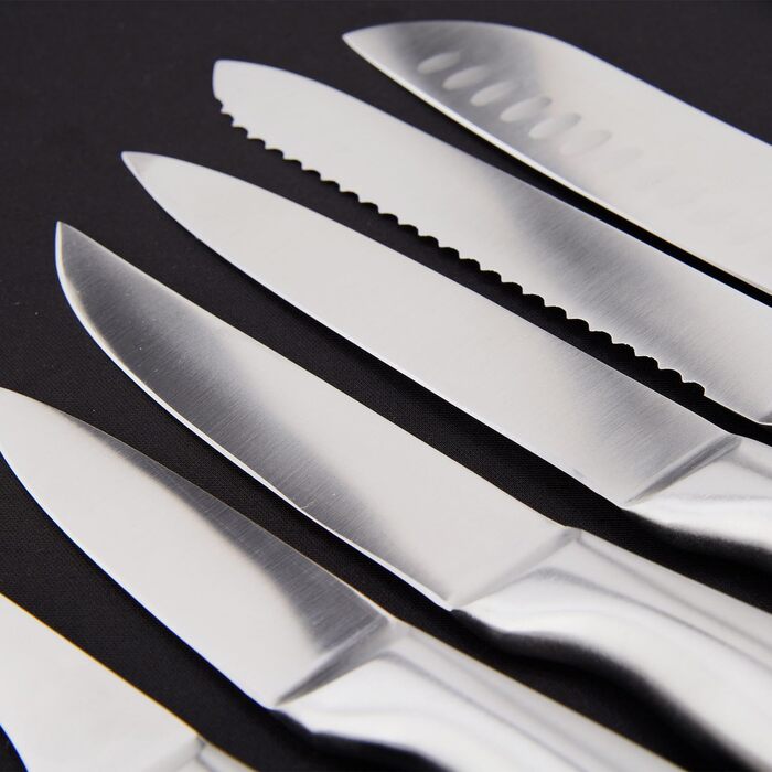 Набір ножів Brixy Messerset 16 предметів у блоці: ножі, шліфувальник, ножиці. Нержавіюча сталь, срібно-чорний колір, стійкий до подряпин.