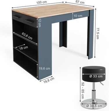 Набір обіднього столу Vicco Repose з 2 барними стільцями, 67x100 см, антрацит/дуб Голдкрафт