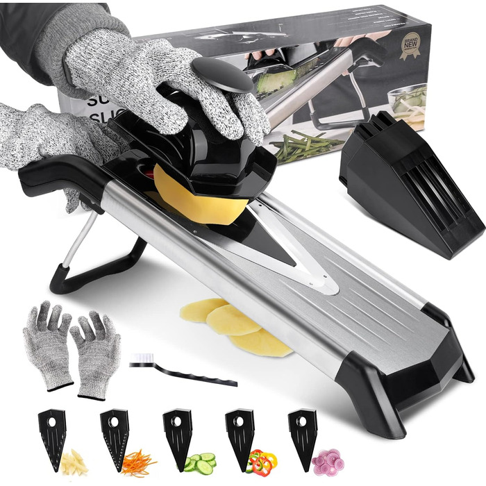 Машхом Мультиінструмент для нарізки овочів 5-в-1, Mandoline з нержавіючої сталі, тертка для овочів, фруктів, картоплі, помідорів, цибулі, 40см, з рукавичками