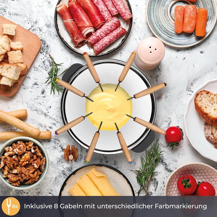 Електричний Фондю-набір KLAMER для 8 осіб з 8 виделок, регулювання температури, захист від бризок, посуд з алюмінію, екологічна обкладка з каучуку