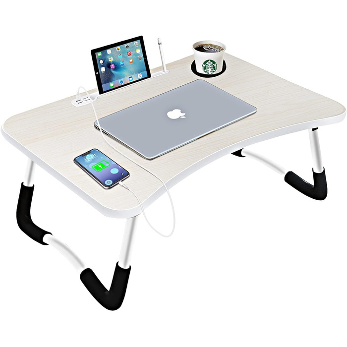 Стіл для ноутбука в ліжко/на диван, складаний, з USB-портами, ящиком та підставкою для планшета (60 x 40 см, білий)