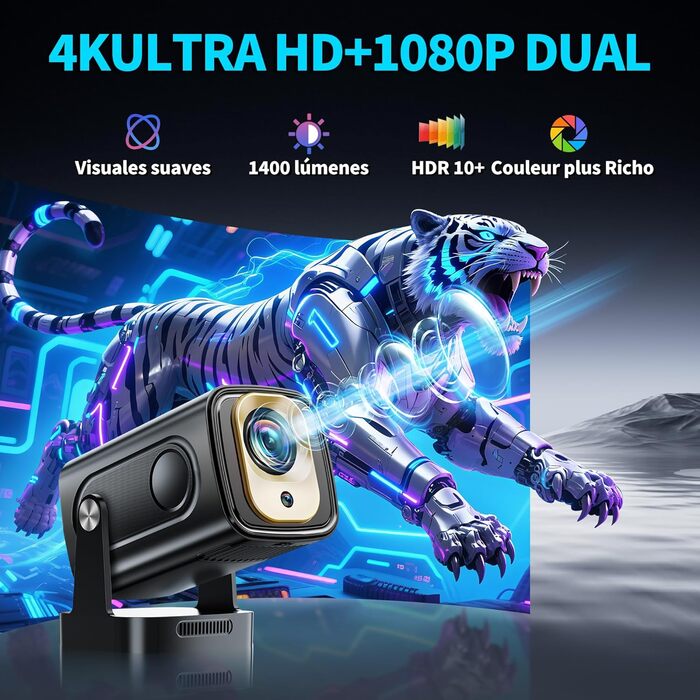 Beamer 4K: Міні проєктор Full HD 1080P з Wi-Fi 6, Bluetooth 5.2 та Android. Поворотний на 270°, з автокорекцією Keystone, для PC/HDMI/USB. В комплекті миша та пульт, білий.