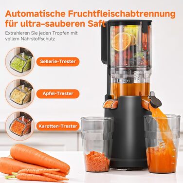 AOBOSI Повільнодіючий соковитискач з великою завантажувальною воронкою 135 мм, 200 Вт, холодний віджим, зворотний хід, потрійний фільтр, BPA-free, тихий, для свіжих соків з фруктів та овочів, чорний