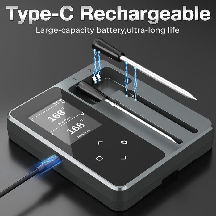 Бездротовий термометр для м'яса Maypott Bluetooth з 2 зондами, IP67, цифровий, для кухні, духовки, приготування стейків, барбекю