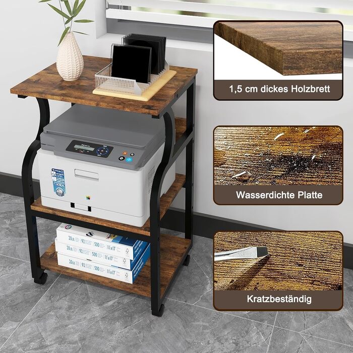 Регульований стіл для принтера PUNCIA з 3 ящиками, на коліщатках, 50x40 см, дерево & метал, для офісу/кабінету, ретро