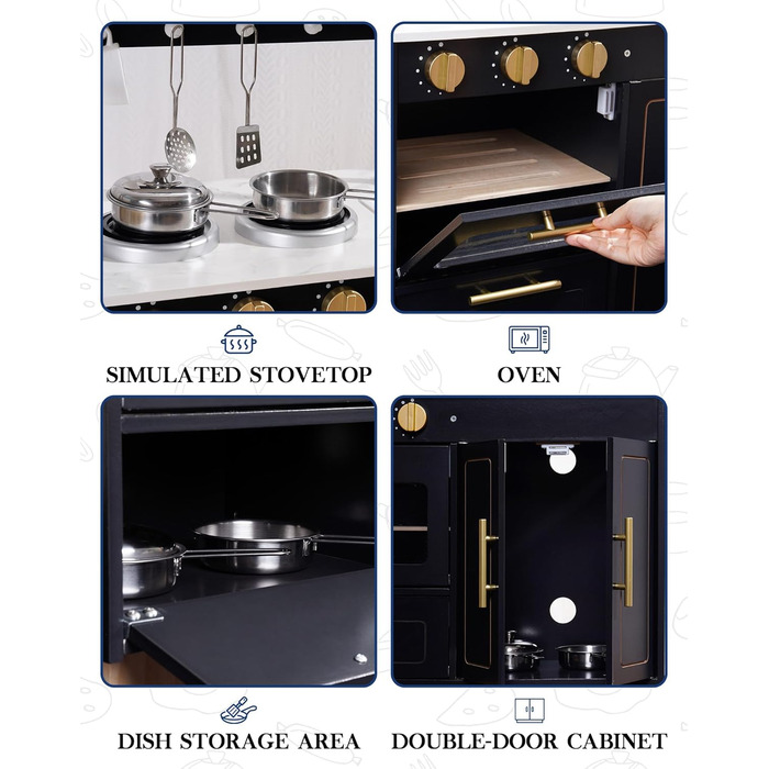 Дерев'яна дитяча кухня ROBUD з аксесуарами, сучасний стиль мармур, реалістичний дизайн, подарунок для дітей від 3 років