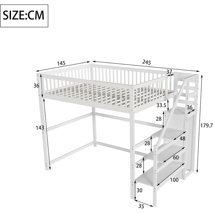 Ліжко-горище Merax для односпального матраца 140x200 см з шафою та сходами, масивне дерево, білий колір (без матраца)