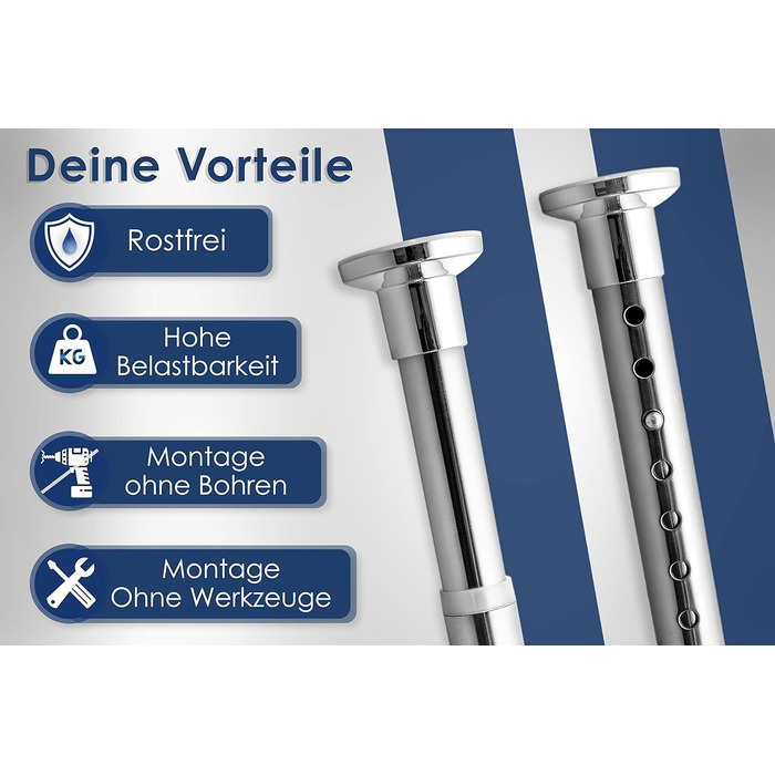 Штанга для душу без свердління 160-210 см, срібна, Ø 25 мм, телескопічна, з кріпленнями. Підходить для ванної, душової кабіни та перегородки. Нержавіюча сталь.