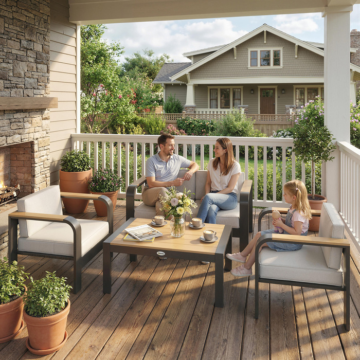 Комплект садово-патіо меблів з алюмінію на 4 особи. Водовідштовхувальний, з глибокими сидіннями, включає двомісний диван, 2 крісла та журнальний столик.