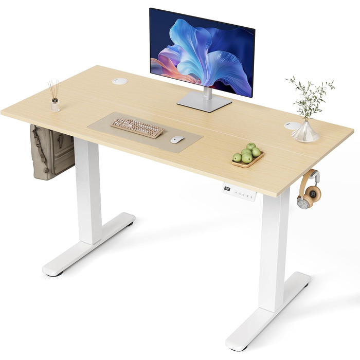 Регульований стіл Claiks для офісу, 120x60 см, білий, з пам'яттю положень, 80 кг, з гачками