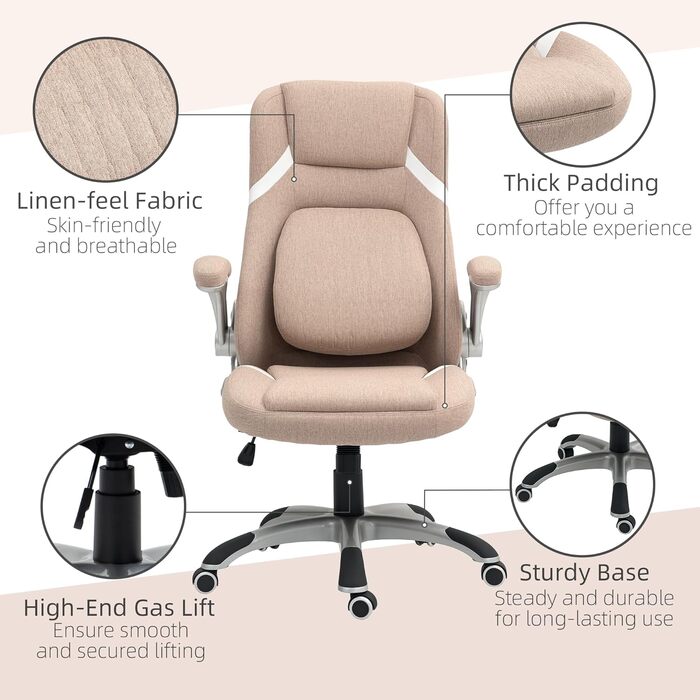 Крісло офісне Vinsetto ергономічне з регульованими підлокітниками та підголівником, з підтримкою попереку, регульоване по висоті, з функцією гойдання та текстильною оббивкою, світло-коричневе