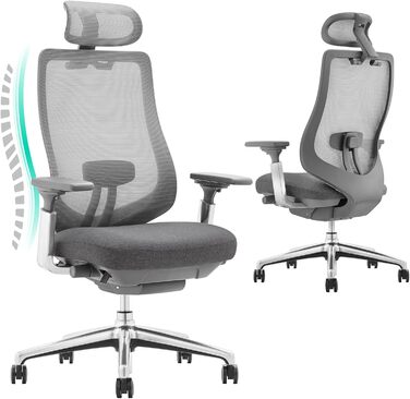 Офісний крісло Colamy XK Atlas з ергономічним дизайном, сітчаста спинка, регульована підголівник, поворотний крісло для комп'ютера з 4D підлокітниками, алюмінієва база, регульоване сидіння, фіксація нахилу, темно-сірий колір