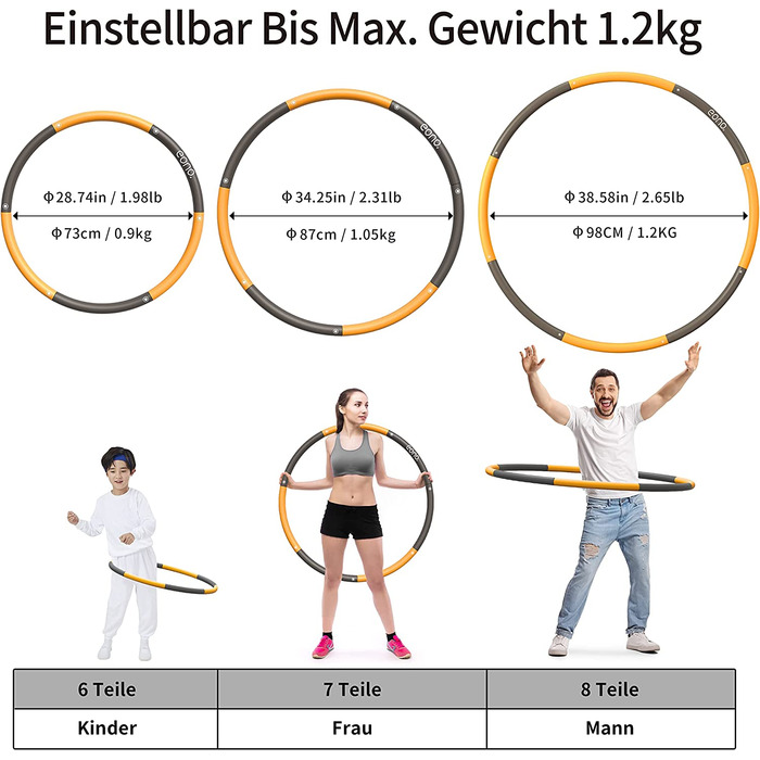 Обруч для дорослих і дітей марки Domopolis, обруч для фітнесу для схуднення, 8 сегментів знімний обруч для фітнесу / спорту 1,2 кг 1,8 кг Оранжево-Сірий, 4 4