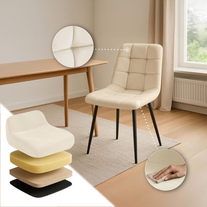 Набір з 4-х м'яких кухонних стільців CLP Asti, велюр, до 150 кг, колір: кремовий