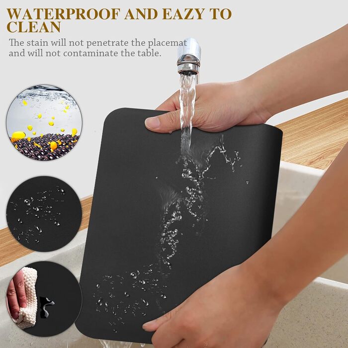 Набори серветок на стіл (6 шт.) чорного кольору, водонепроникні, підставки під тарілки, серветки для дітей, осінні серветки, серветки зі штучної шкіри, підставки під тарілки (Чорний, розмір 38,8)